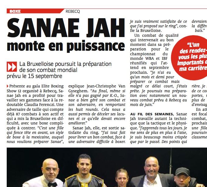 Article paru dans le journal La Dernière Heure (Sébastien Sterpigny) sur le combat de préparation à Rebecq de Sanae Jah. Organisation: Nicolas Vinet.